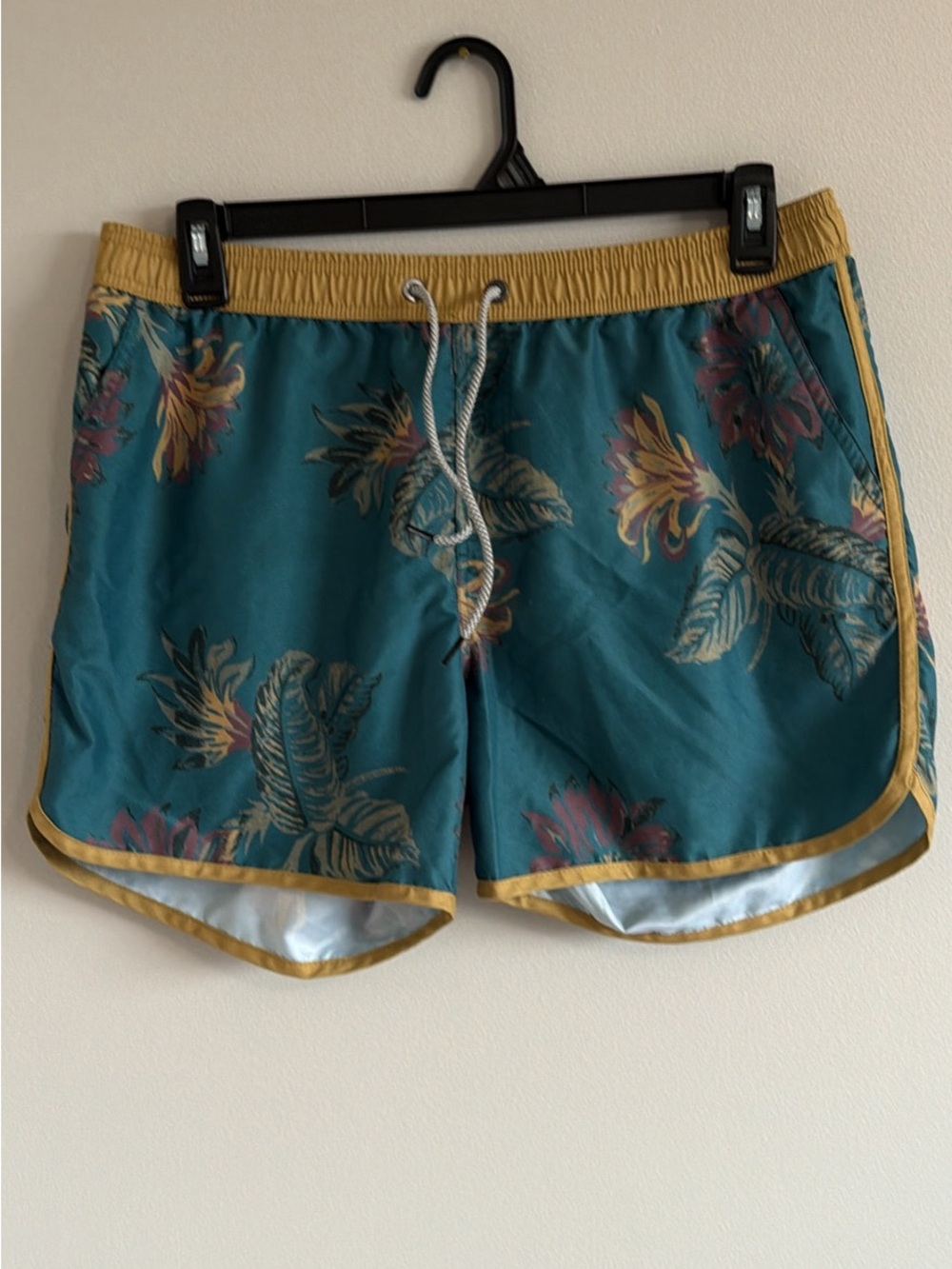 Maamgic Teal Tropical Print Men’s Swim Shorts with Mustard Trim
